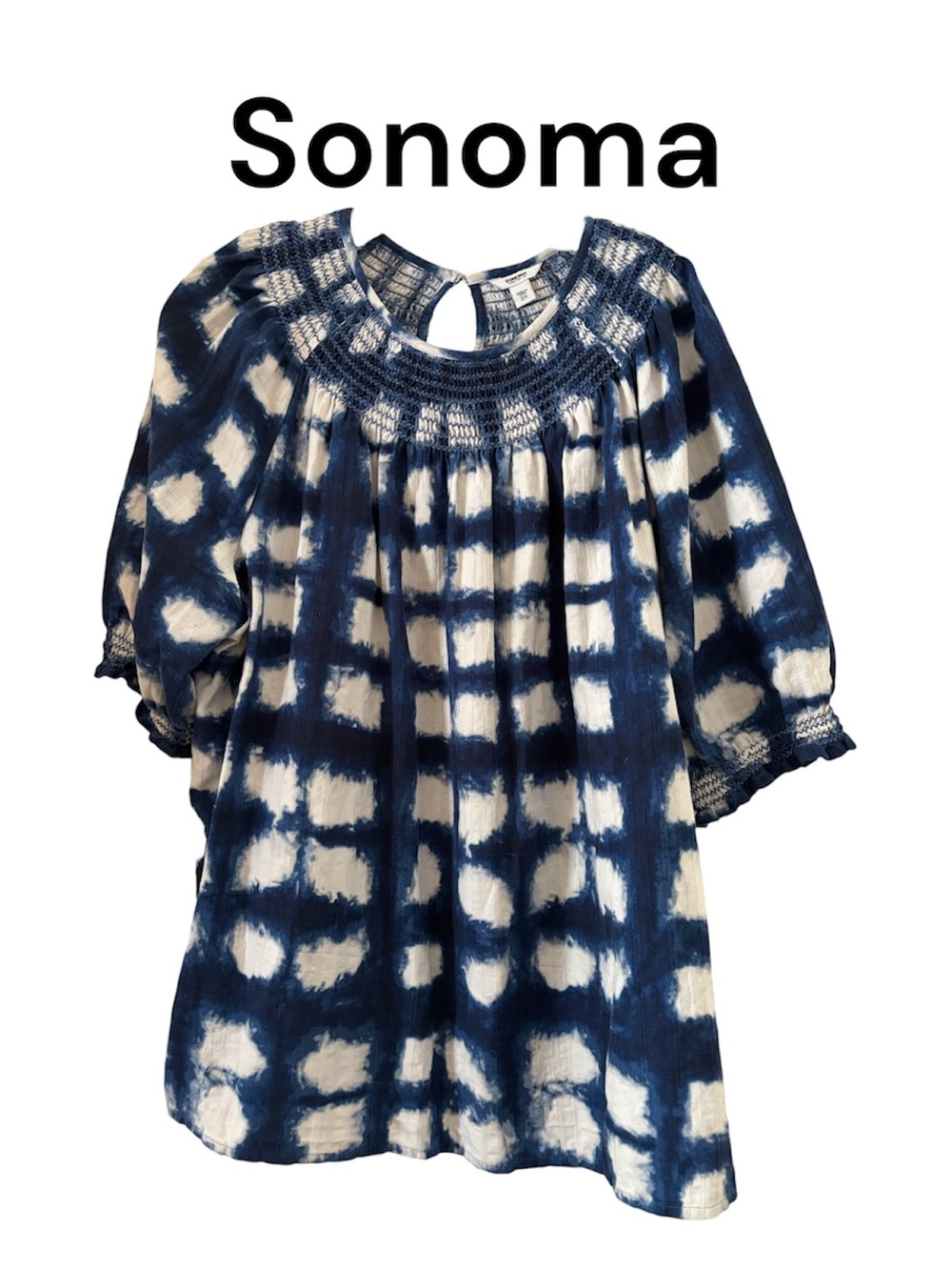 Sonoma Navy & White Tie-Dye Smocked Peasant Top 2X